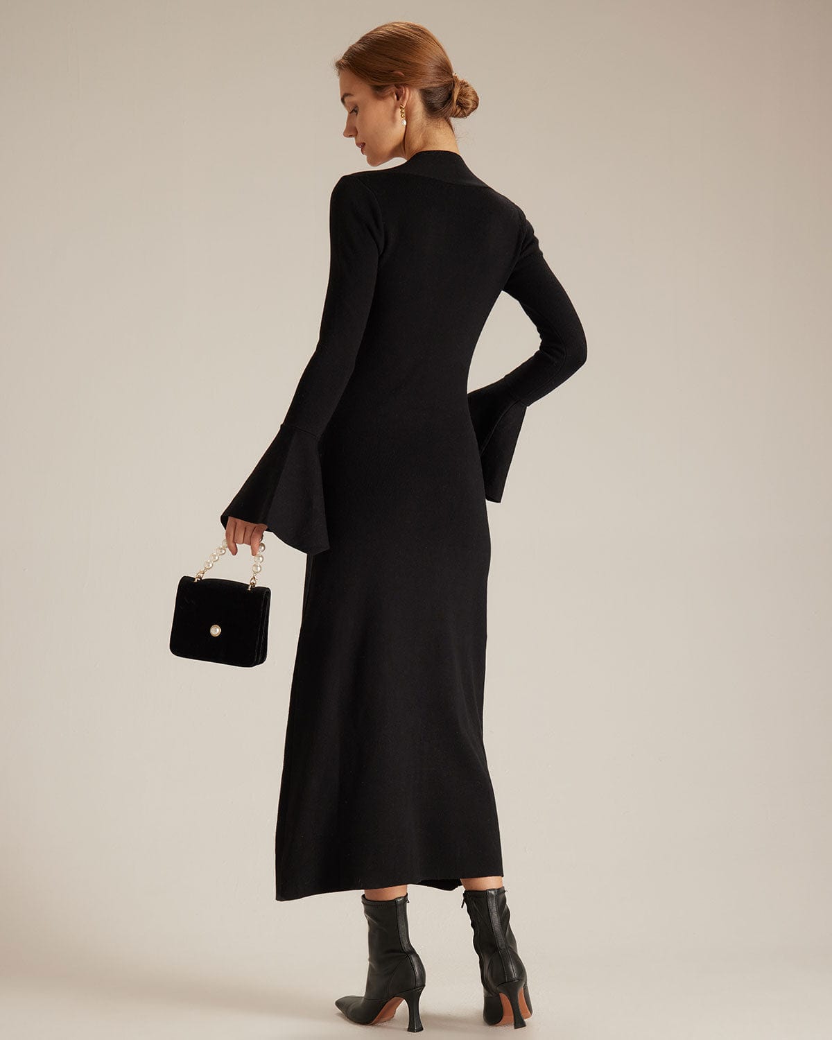 The Black Square Neck Flare Sleeve Midi Dress - Threadford