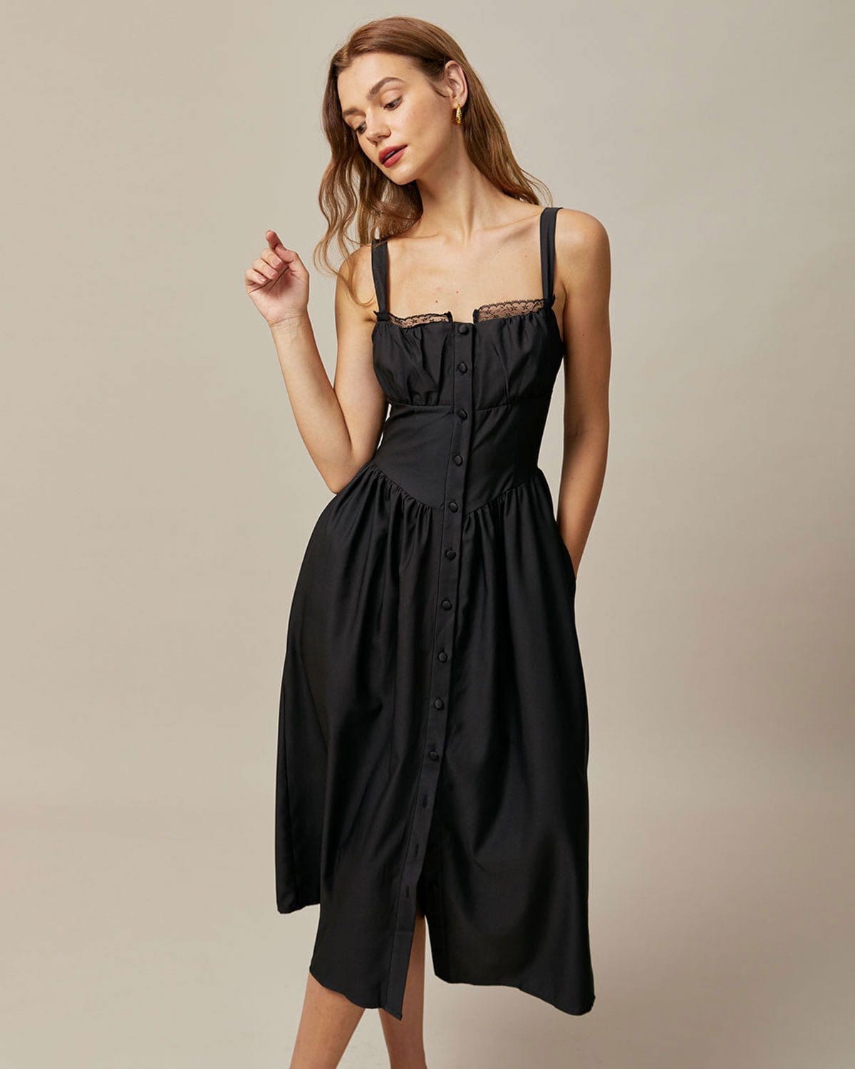 The Black Square Neck Lace Cami Midi Dress - Threadford