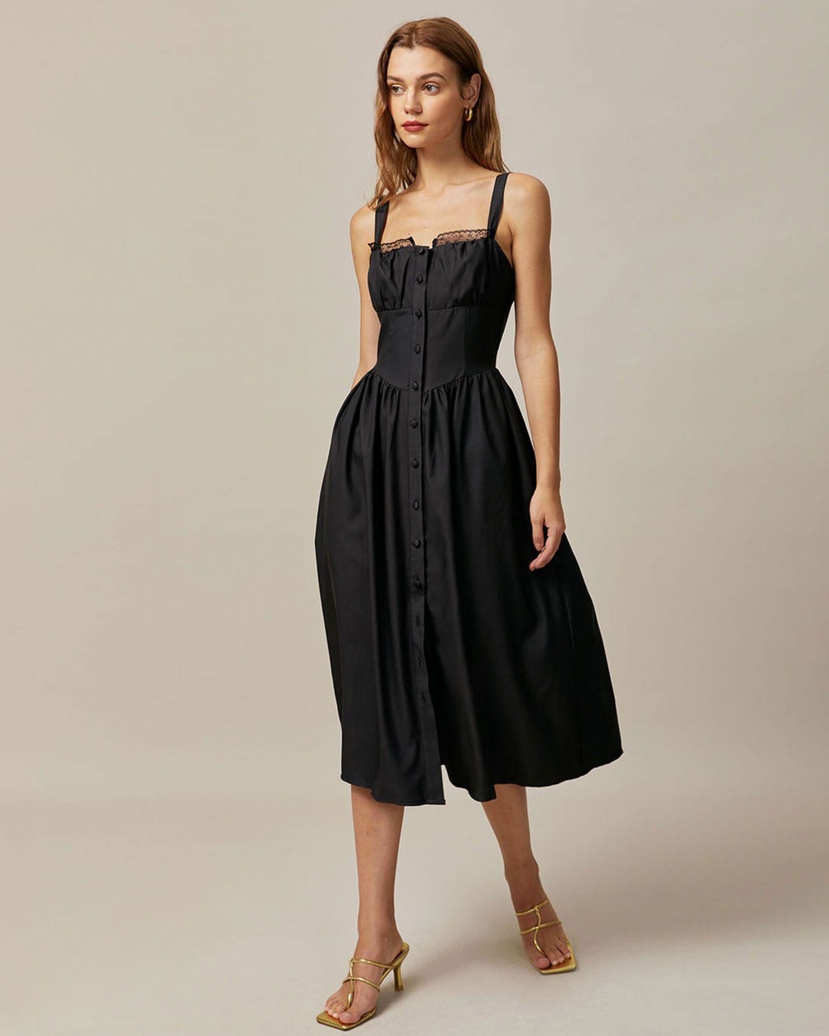 The Black Square Neck Lace Cami Midi Dress - Threadford