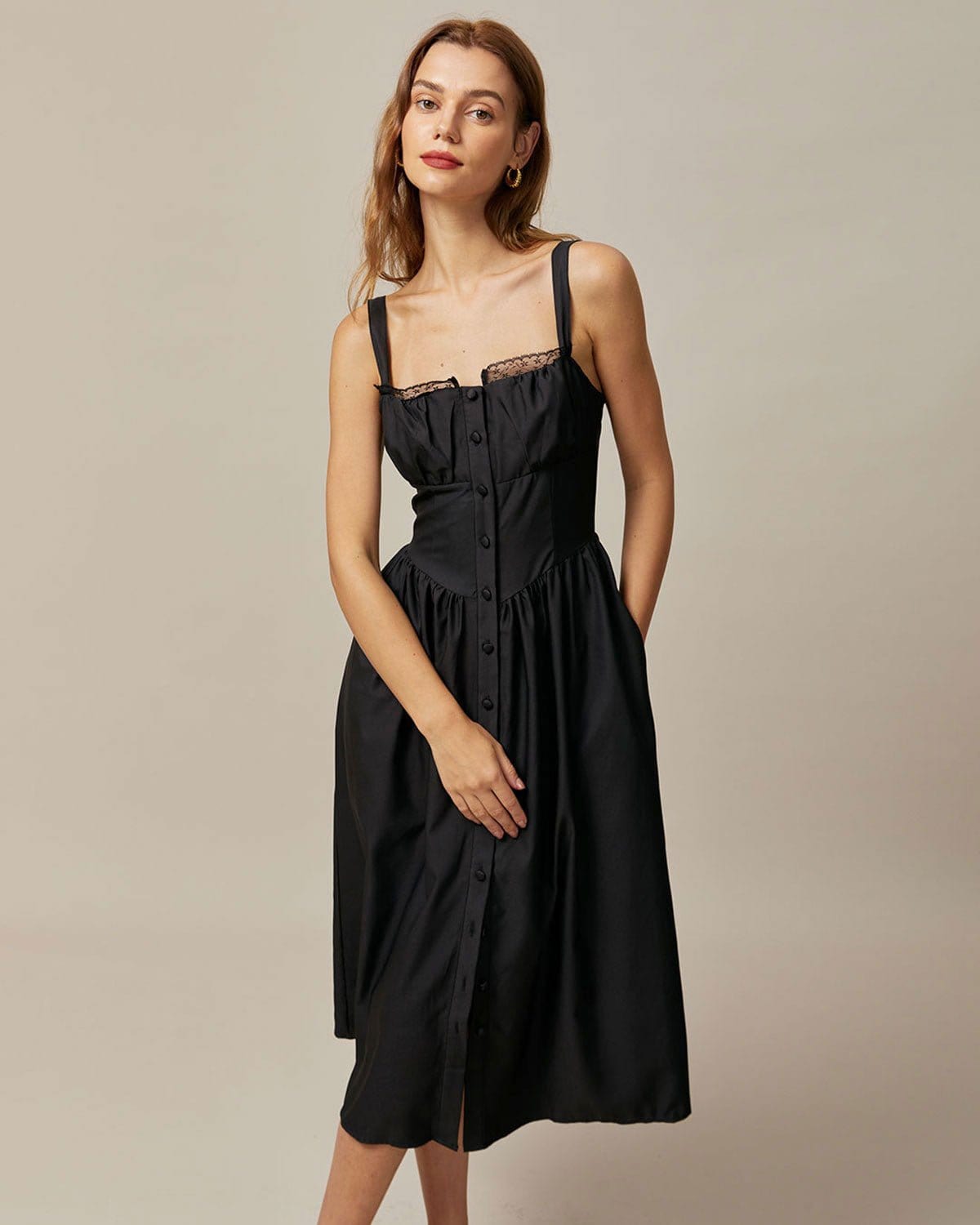 The Black Square Neck Lace Cami Midi Dress - Threadford