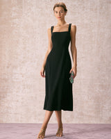 The Black Square Neck Sheath Midi Dress - Threadford