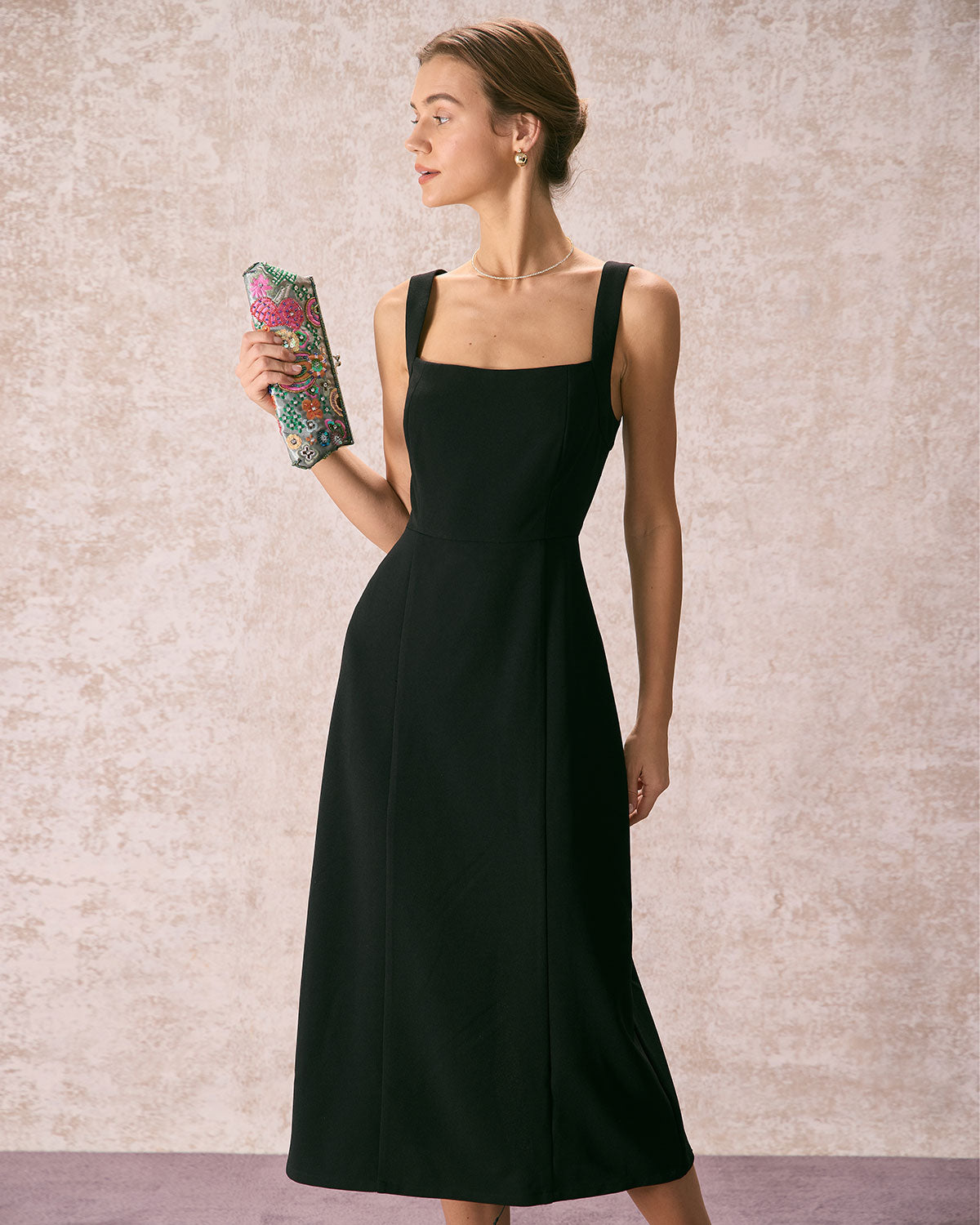The Black Square Neck Sheath Midi Dress - Threadford