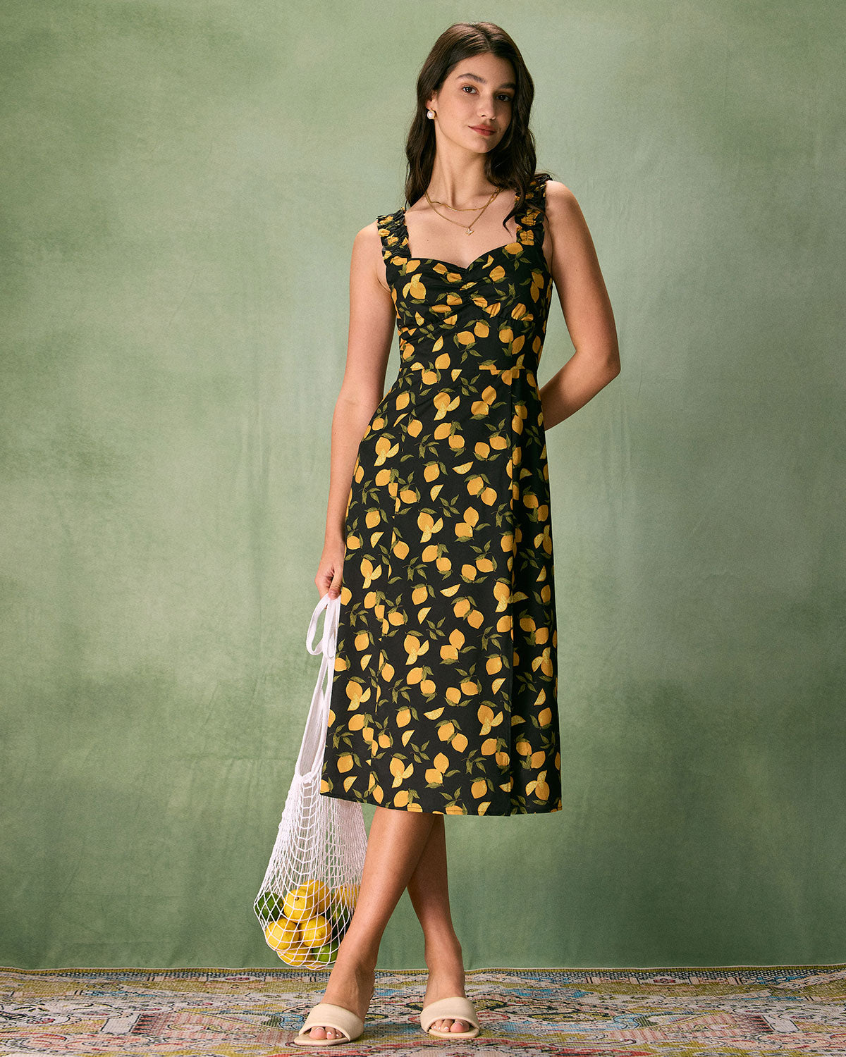 The Black Sweetheart Neck Lemon Midi Dress - Threadford