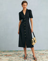 The Black V Neck Button Puff Sleeve Midi Dress - Threadford