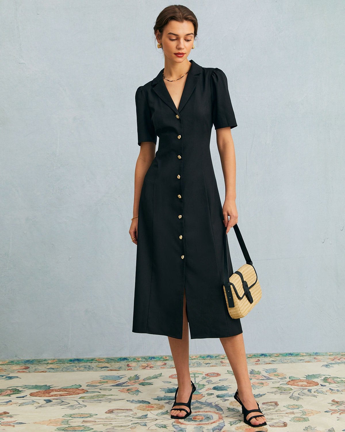 The Black V Neck Button Puff Sleeve Midi Dress - Threadford