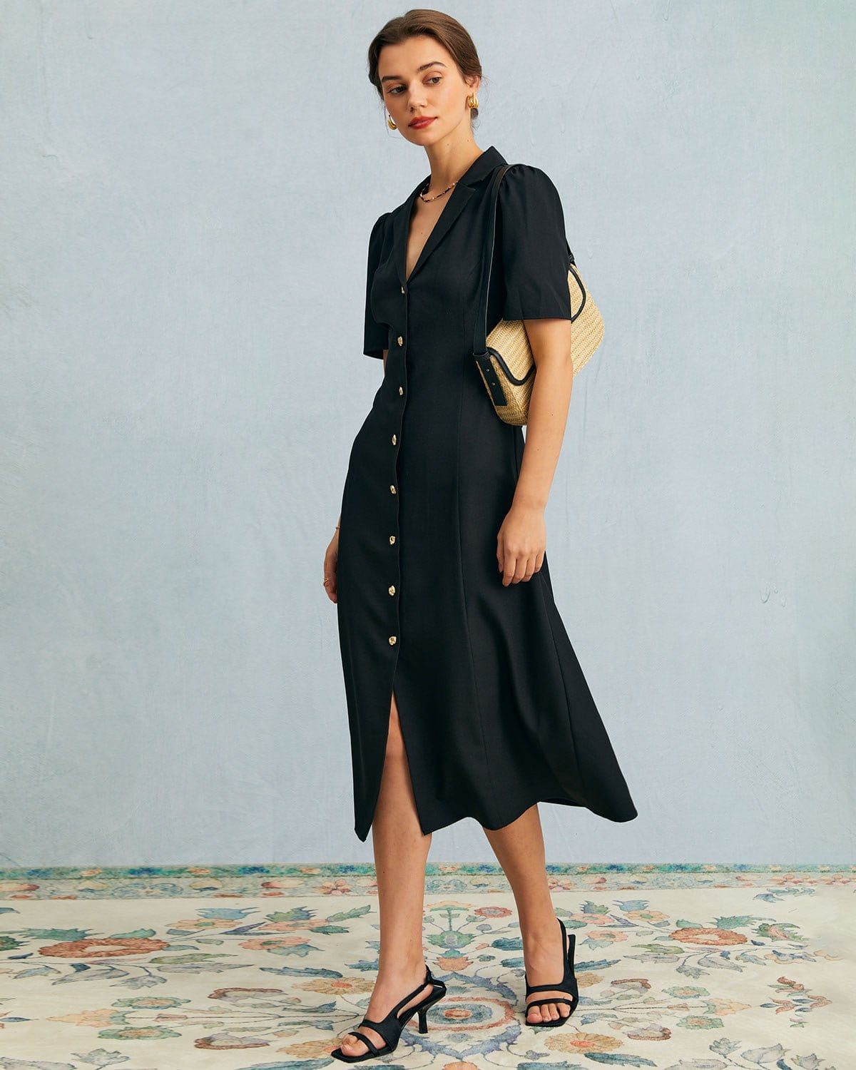 The Black V Neck Button Puff Sleeve Midi Dress - Threadford