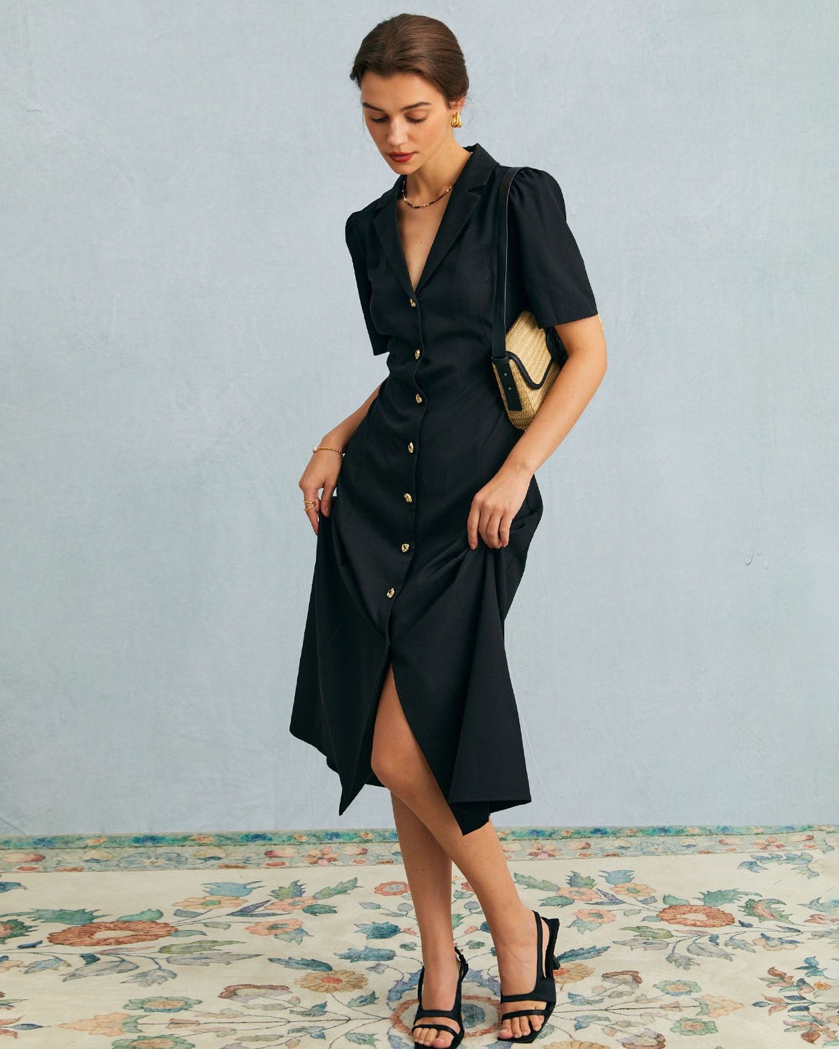 The Black V Neck Button Puff Sleeve Midi Dress - Threadford