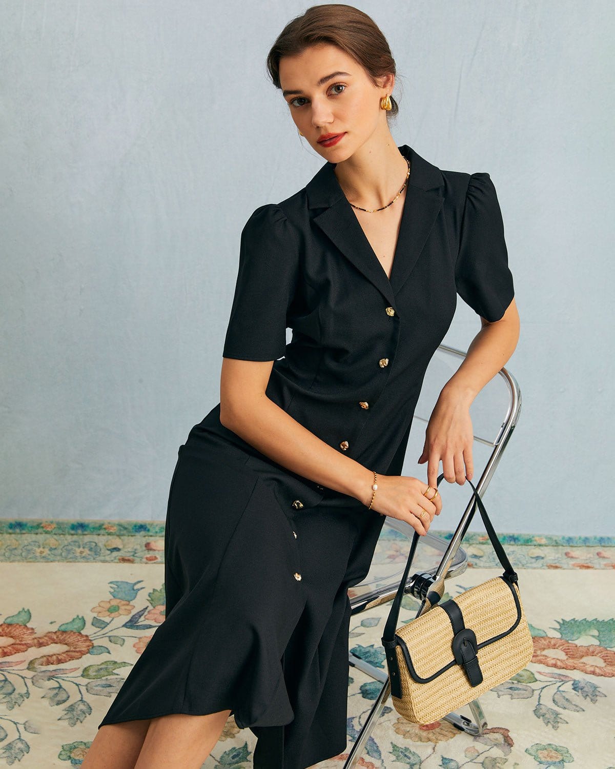 The Black V Neck Button Puff Sleeve Midi Dress - Threadford