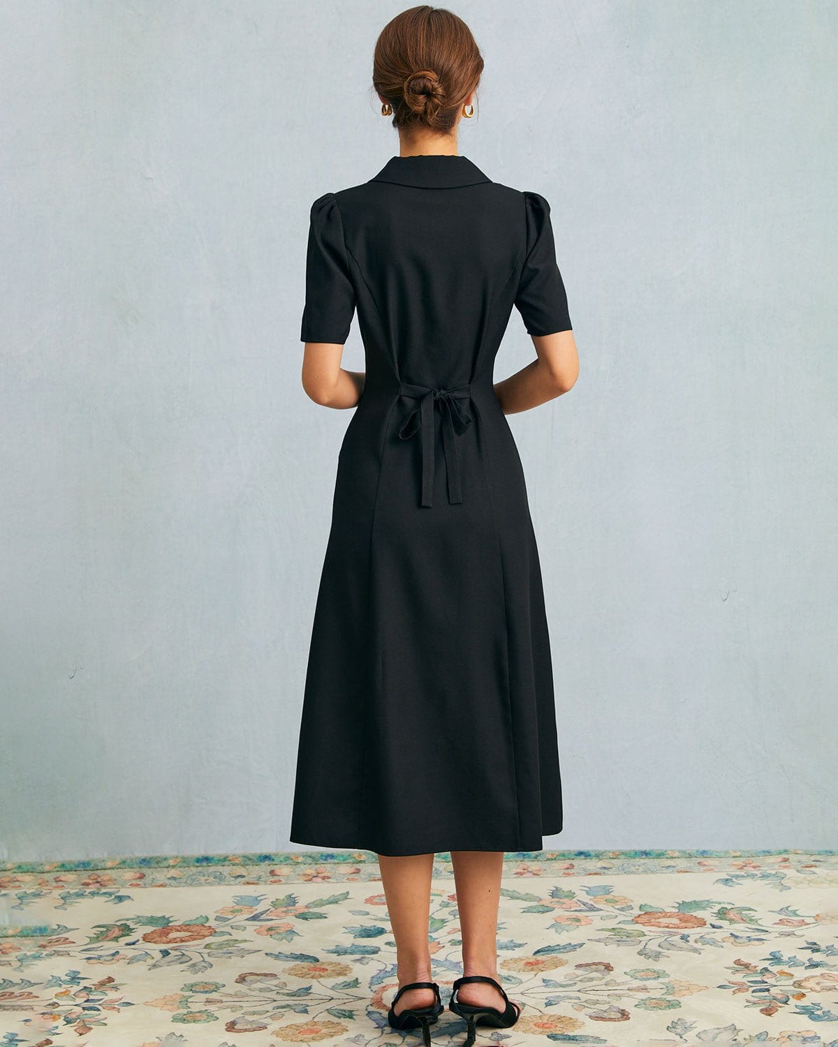 The Black V Neck Button Puff Sleeve Midi Dress - Threadford