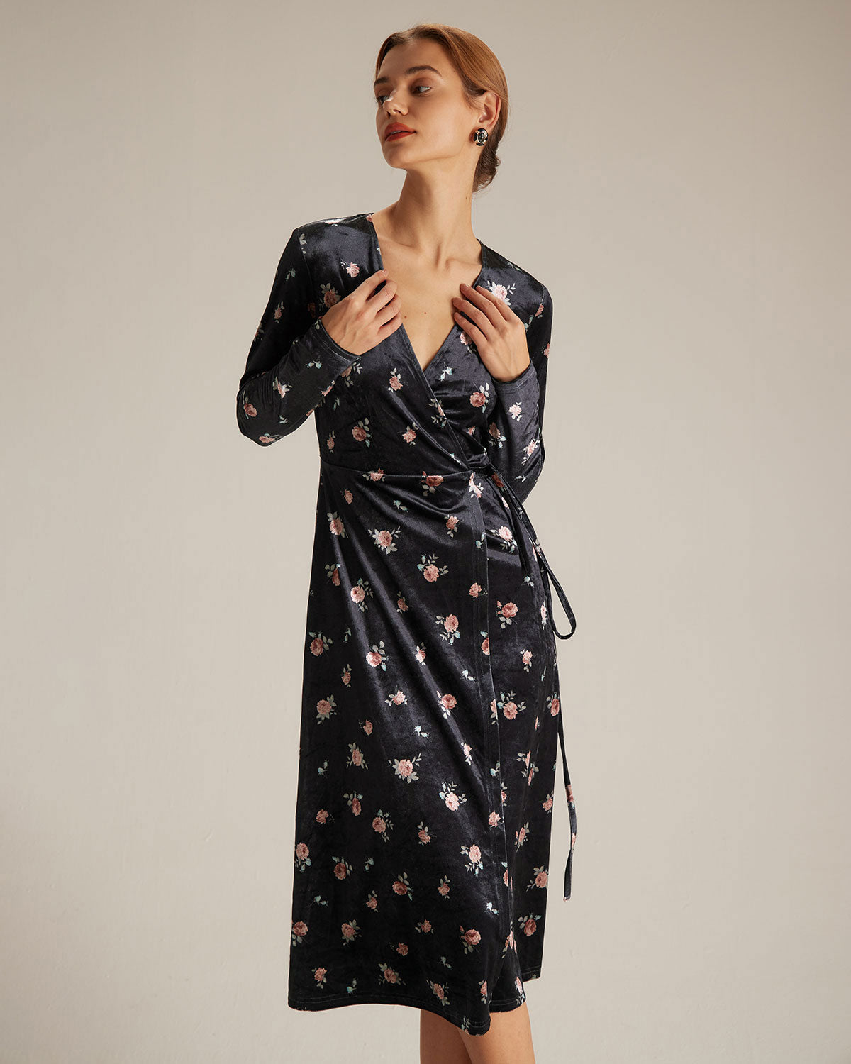 The Black V Neck Floral Velvet Wrap Midi Dress - Threadford