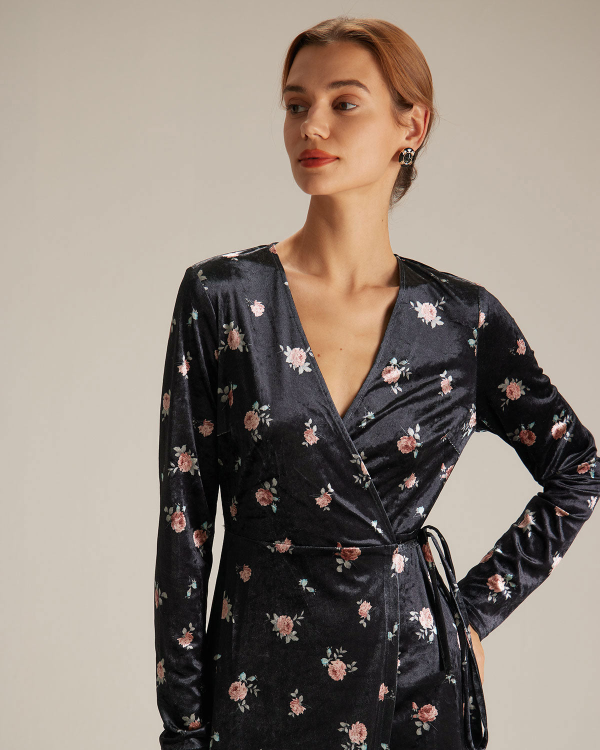 The Black V Neck Floral Velvet Wrap Midi Dress - Threadford