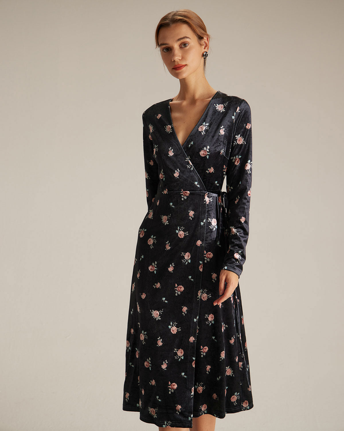 The Black V Neck Floral Velvet Wrap Midi Dress - Threadford