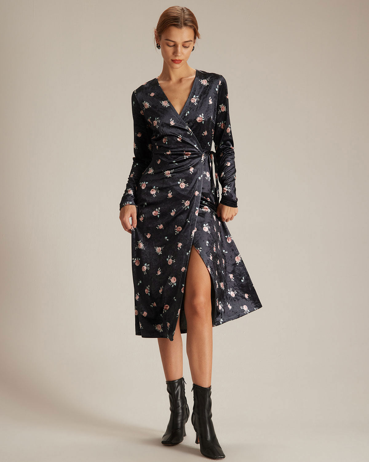 The Black V Neck Floral Velvet Wrap Midi Dress - Threadford