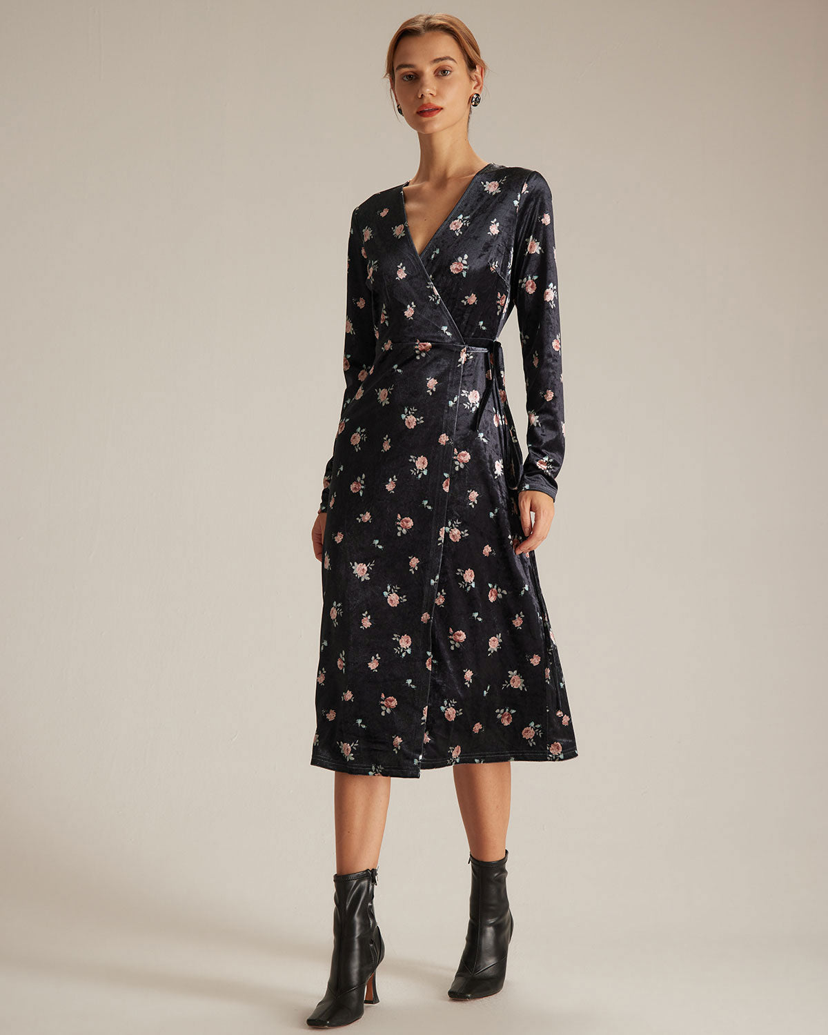 The Black V Neck Floral Velvet Wrap Midi Dress - Threadford