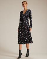The Black V Neck Floral Velvet Wrap Midi Dress - Threadford