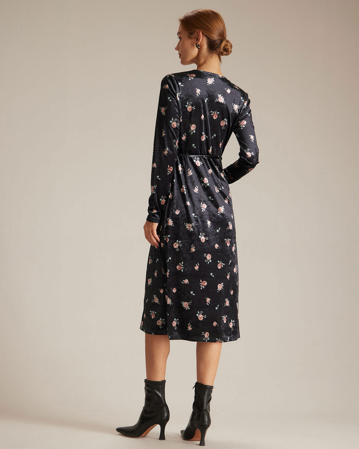 The Black V Neck Floral Velvet Wrap Midi Dress - Threadford