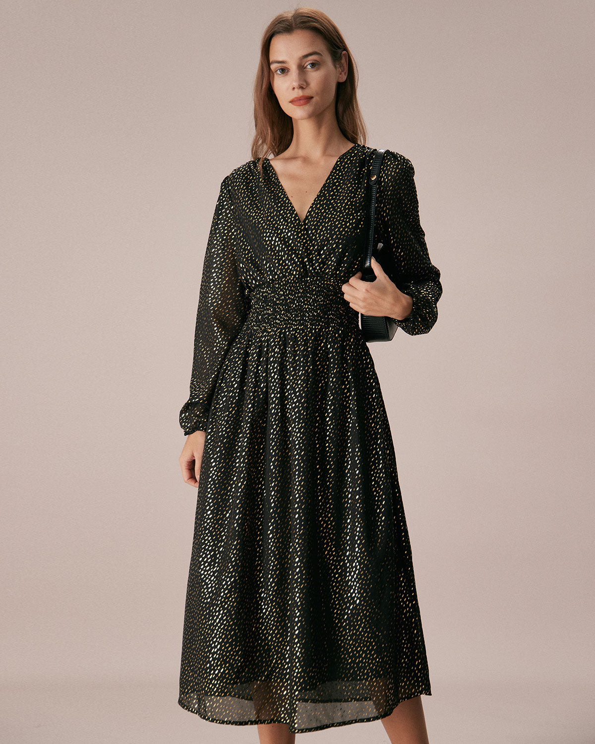 The Black V Neck Shirred Overlapping Midi Dress - Threadford