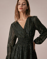 The Black V Neck Shirred Overlapping Midi Dress - Threadford