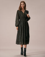 The Black V Neck Shirred Overlapping Midi Dress - Threadford