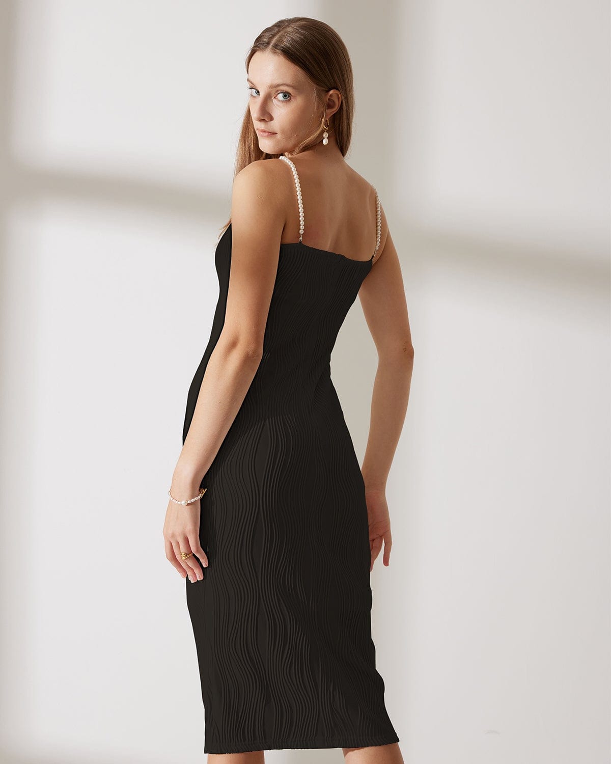 The Black Water Ripple Textured Cami Dress - Threadford