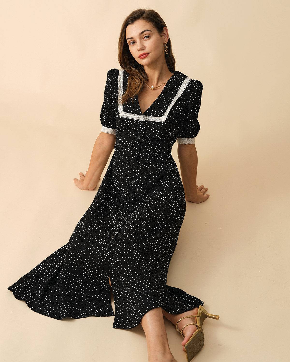 The Polka Dot Lace Trim Midi Dress - Threadford