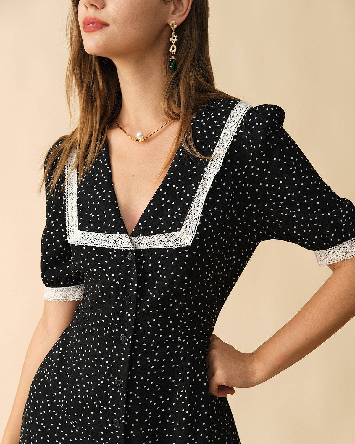 The Polka Dot Lace Trim Midi Dress - Threadford
