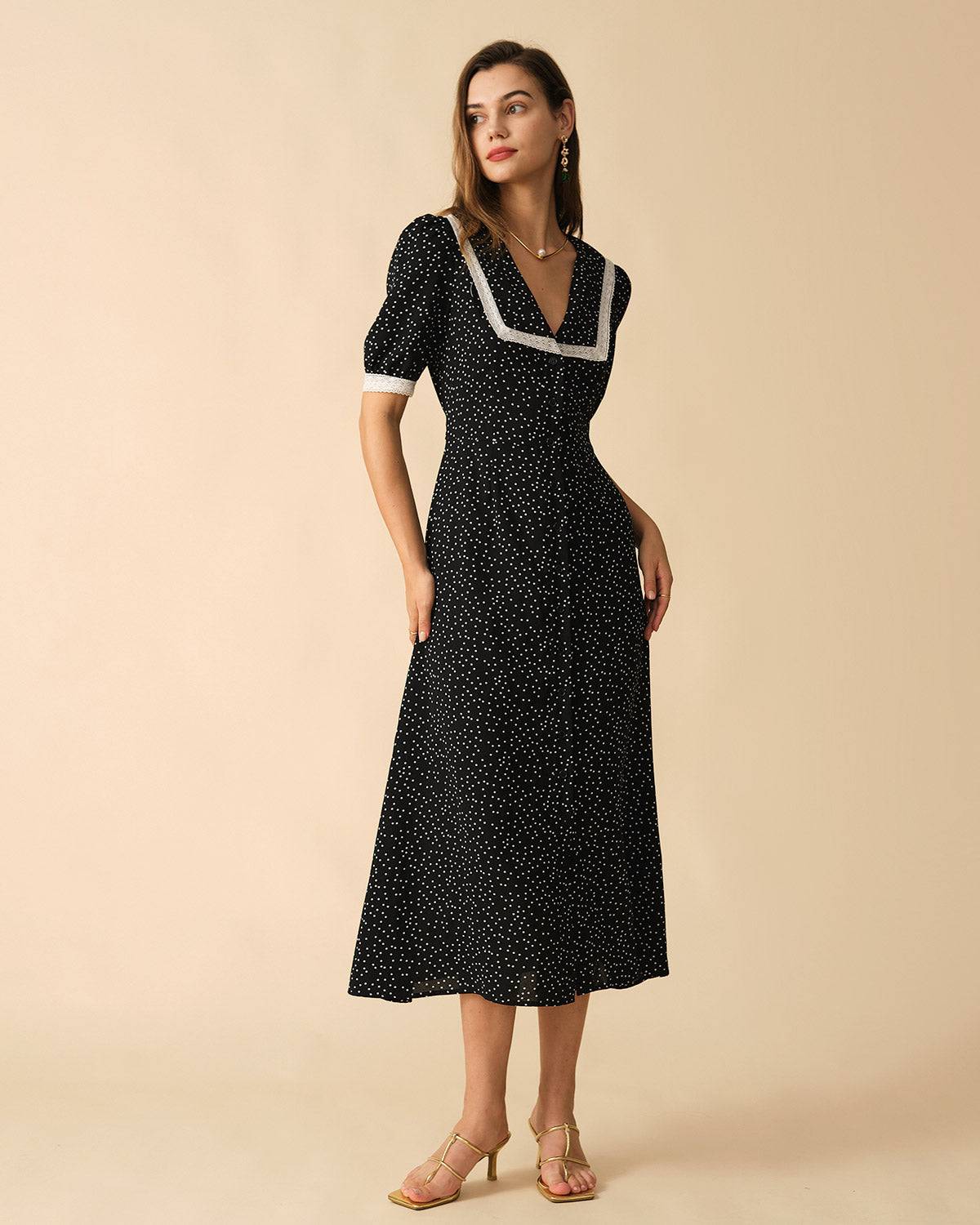 The Polka Dot Lace Trim Midi Dress - Threadford