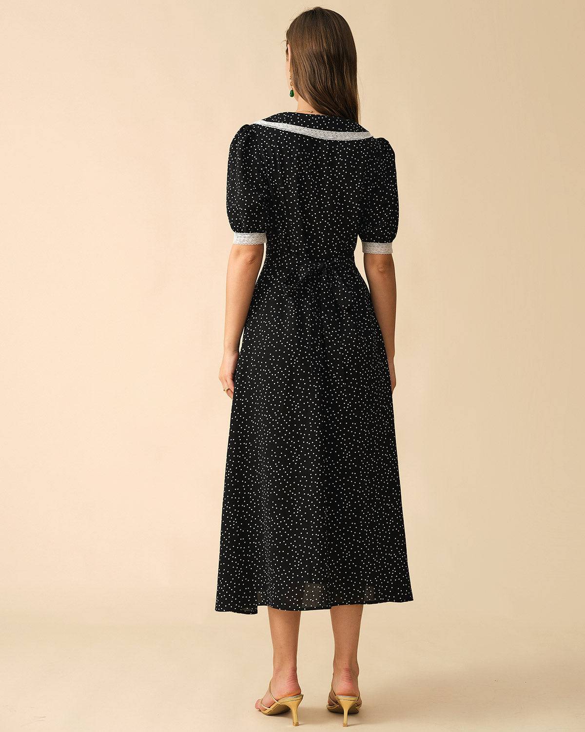 The Polka Dot Lace Trim Midi Dress - Threadford