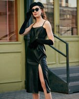 The Side Slit PU Leather Sling Midi dress - Threadford