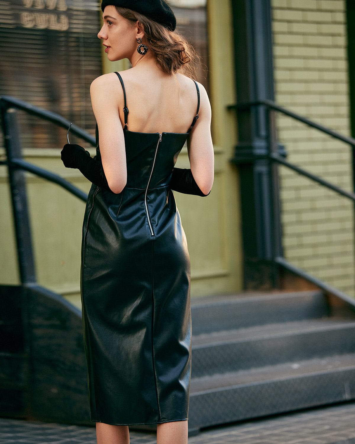 The Side Slit PU Leather Sling Midi dress - Threadford