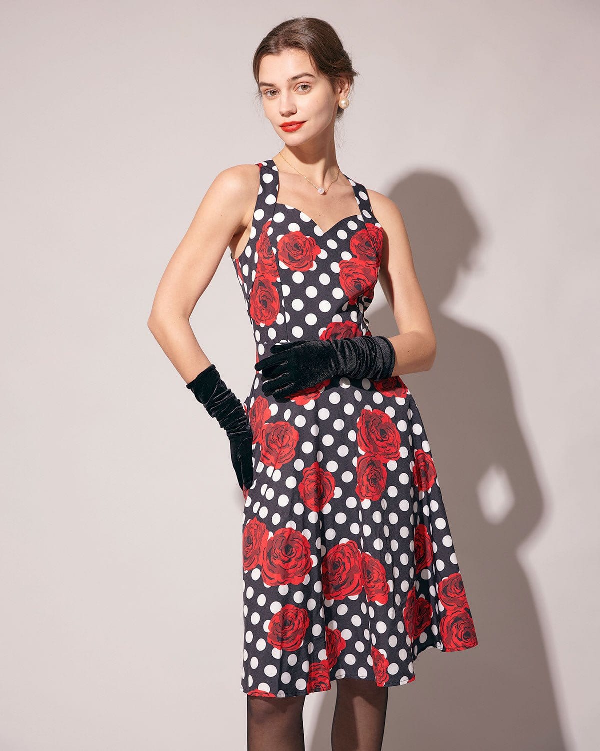 The Sweetheart Neck Polka Dot Rose Halter Midi Dress - Threadford