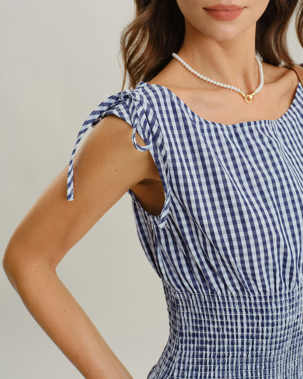 Blue Plaid Boat Neck Shirred Midi Dress - Threadford