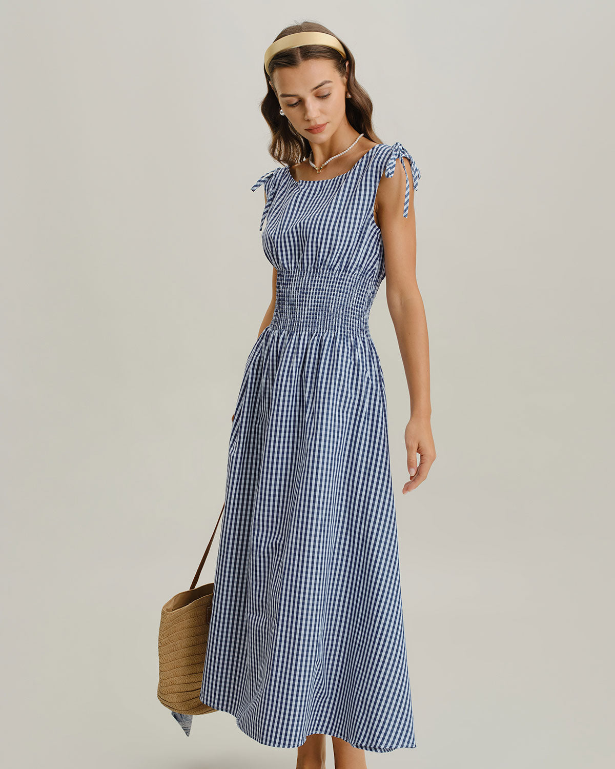 Blue Plaid Boat Neck Shirred Midi Dress - Threadford