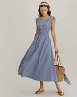 Blue Plaid Boat Neck Shirred Midi Dress - Threadford