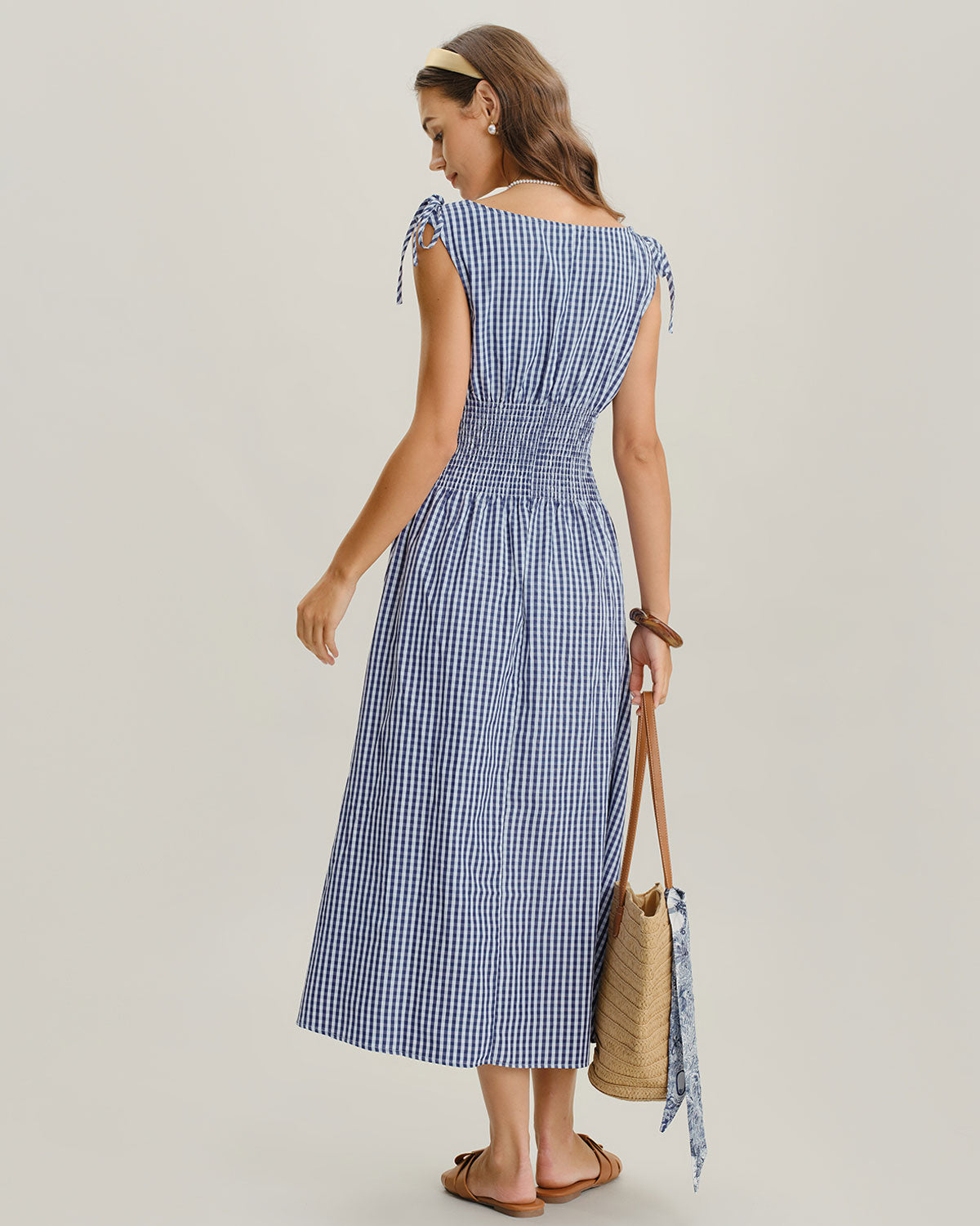 Blue Plaid Boat Neck Shirred Midi Dress - Threadford