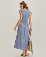 Blue Plaid Boat Neck Shirred Midi Dress - Threadford