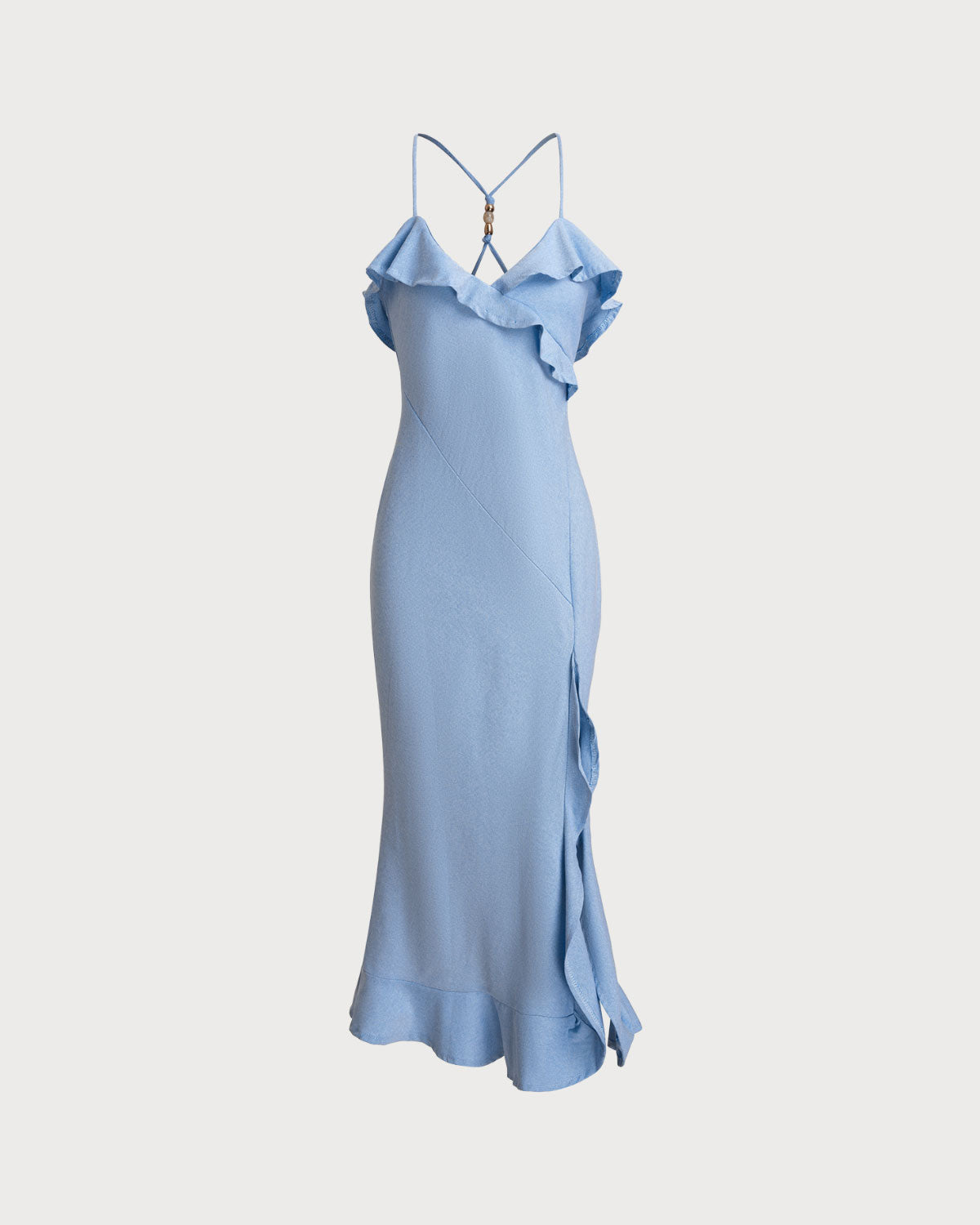 Blue V Neck Mermaid Ruffle Slip Midi Dress - Threadford