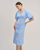 Blue Half Sleeve Button Midi Dress - Threadford