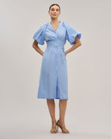 Blue Half Sleeve Button Midi Dress - Threadford