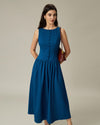 Blue Boat Neck Button Pocket Midi Dress - Threadford