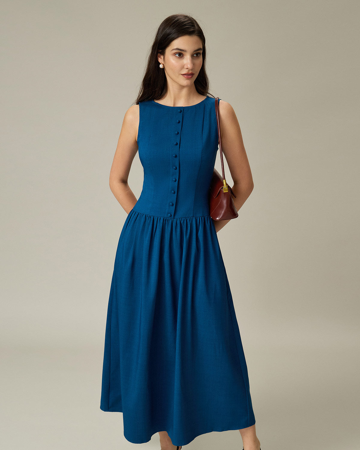 Blue Boat Neck Button Pocket Midi Dress - Threadford