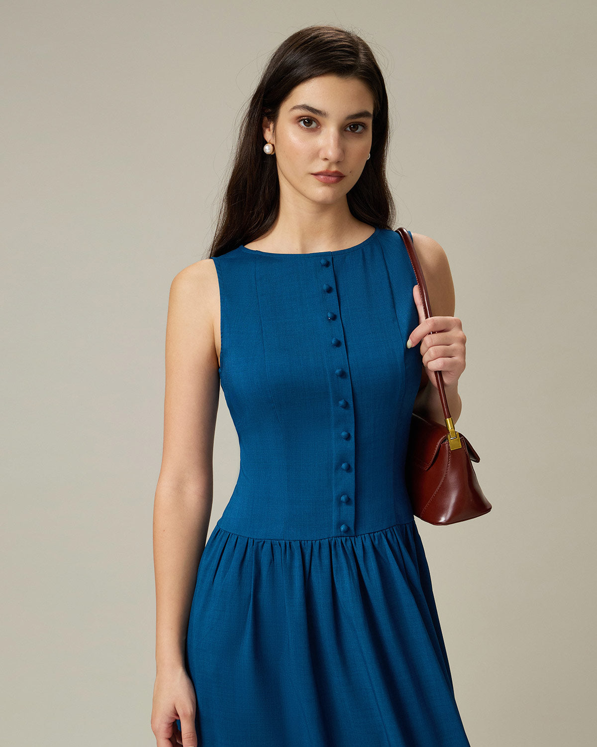 Blue Boat Neck Button Pocket Midi Dress - Threadford