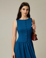 Blue Boat Neck Button Pocket Midi Dress - Threadford