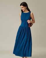 Blue Boat Neck Button Pocket Midi Dress - Threadford