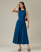 Blue Boat Neck Button Pocket Midi Dress - Threadford