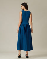 Blue Boat Neck Button Pocket Midi Dress - Threadford
