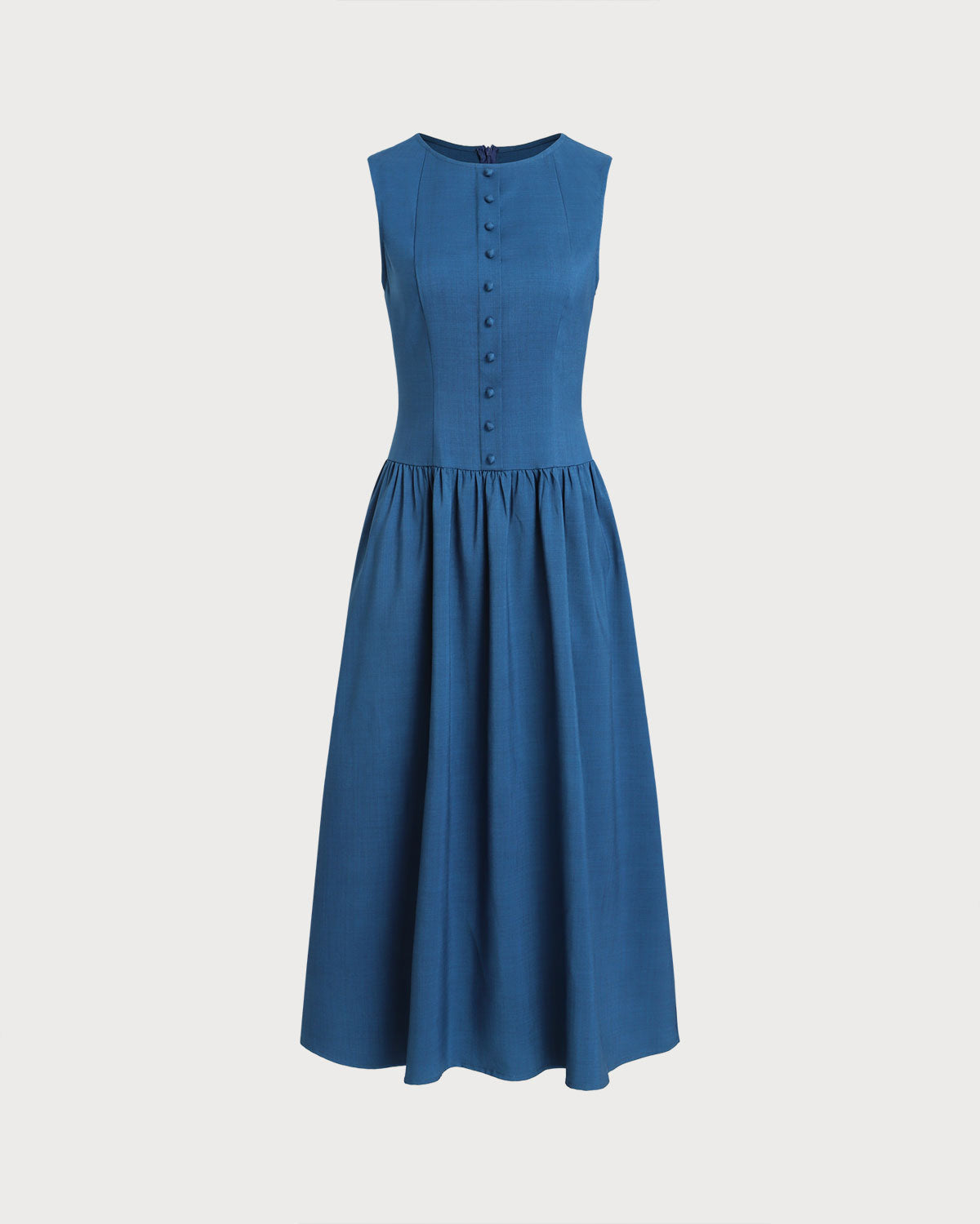 Blue Boat Neck Button Pocket Midi Dress - Threadford