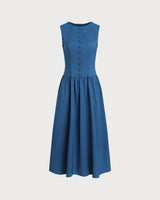 Blue Boat Neck Button Pocket Midi Dress - Threadford