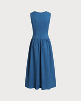 Blue Boat Neck Button Pocket Midi Dress - Threadford