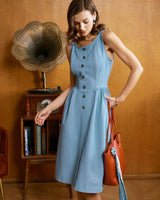 Blue Boat Neck Button Sleeveless Midi Dress - Threadford